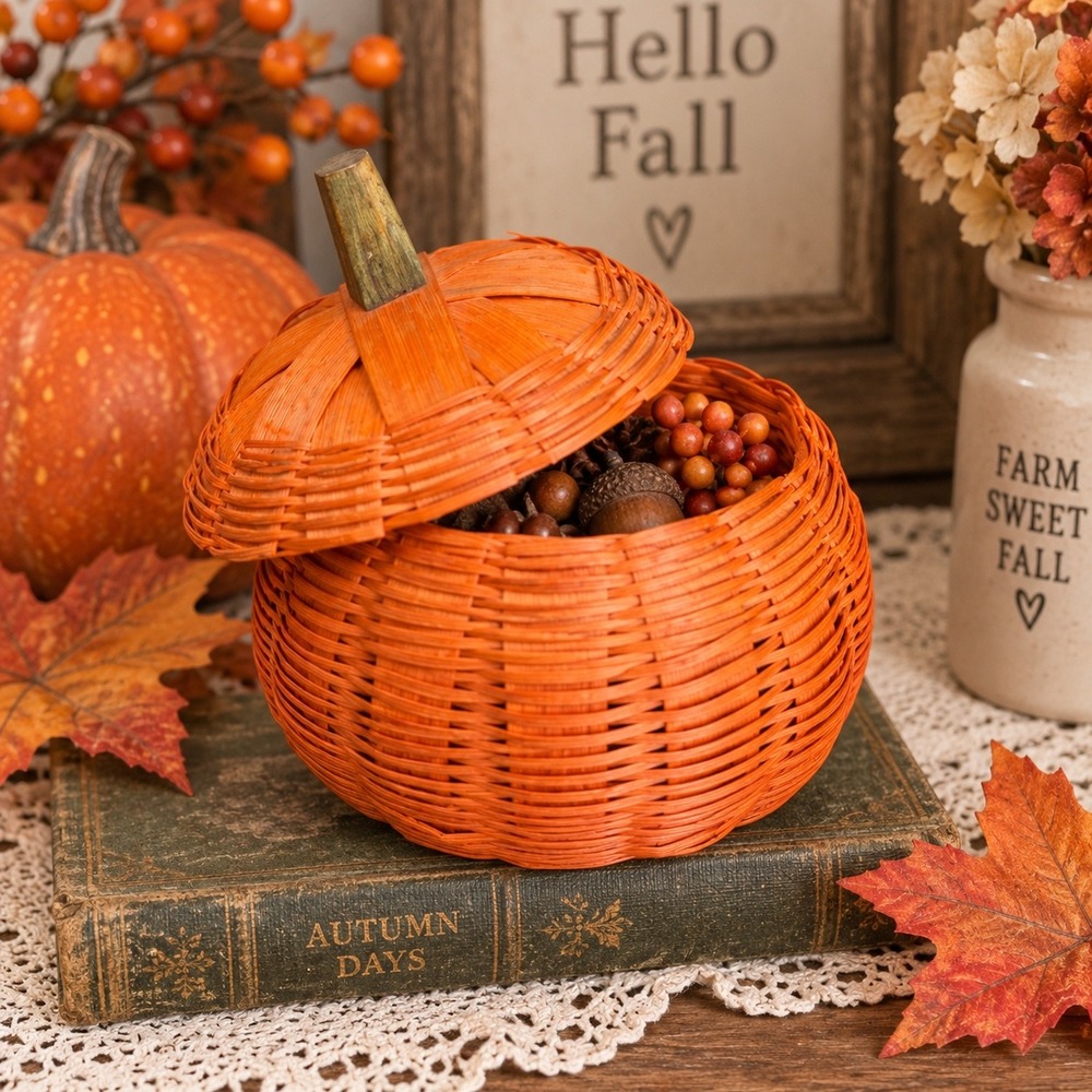 Vintage Orange Woven Wicker Pumpkin Basket with Lid Fall Autumn Decor Small 4 In